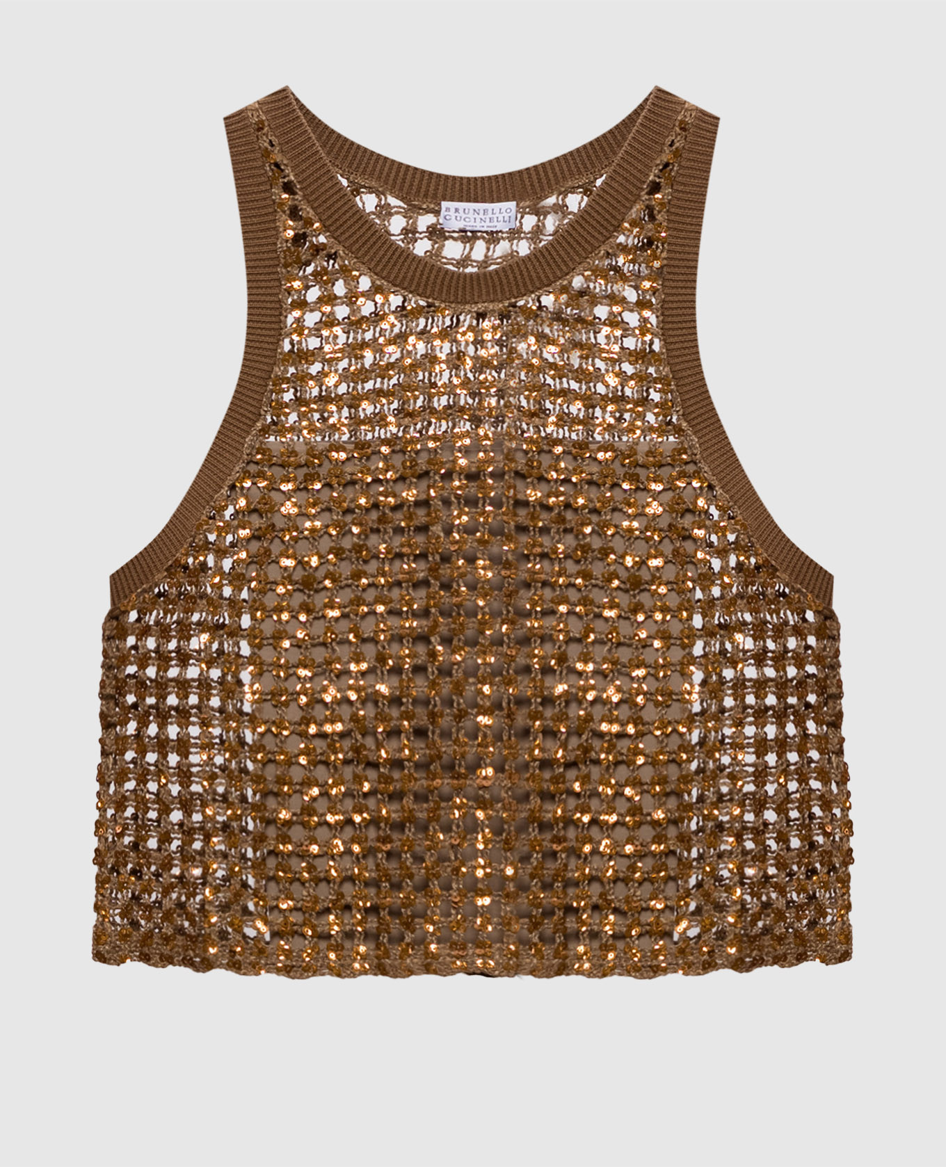 

Коричневый ажурный топ из шелка и льна с пайетками, Топы