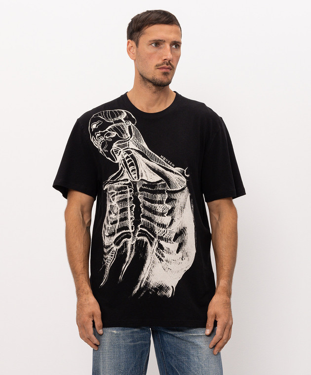 Alexander McQueen Черная футболка Sketch Anatomy с льном 873661QTAEX изображение 3