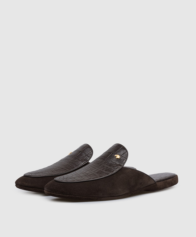 Stefano Ricci Коричневі замшеві капці зі шкірою крокодила UL01P740CSSD зображення 2