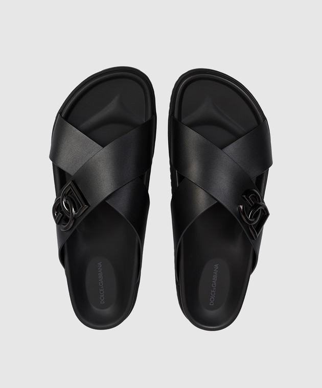 Dolce&Gabbana Черные кожаные шлепки с фактурной монограммой логотипа A80525A9Q67 изображение 4