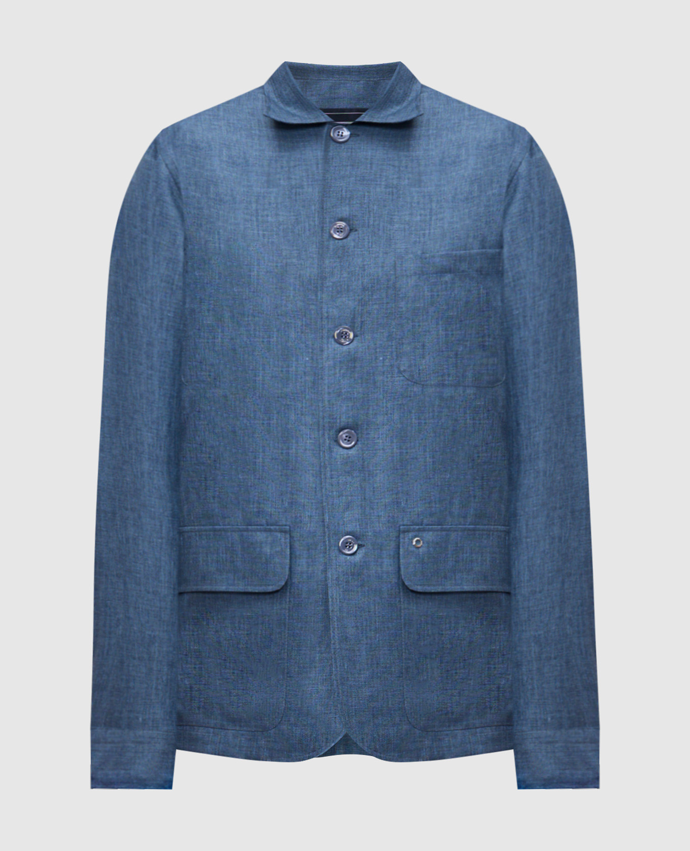 Синяя рубашка из льна, шерсти и шелка