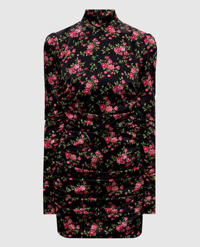 Dolce&Gabbana Чорна сукня міні із шовку з драпіруванням в принт F60G2TFSA8G