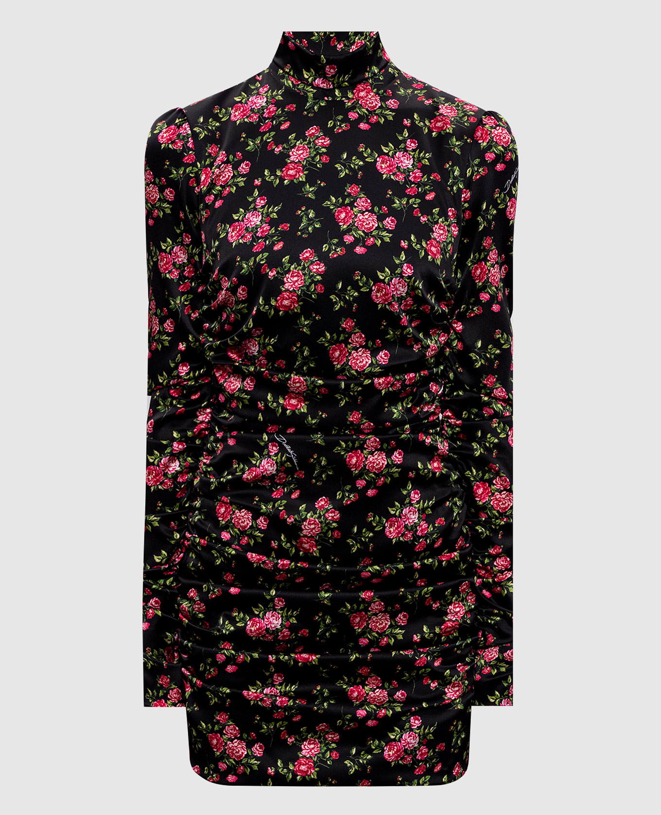 

Черное платье мини из шелка с драпировкой в принт, Черный, Повседневные платья