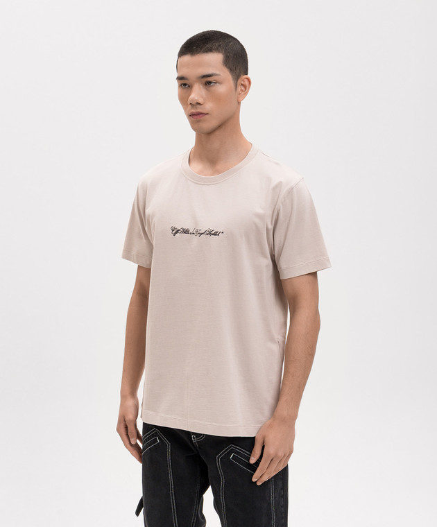 Off-White Бежева футболка з вишивкою Script Arrow 44MAA027S26J002 зображення 3