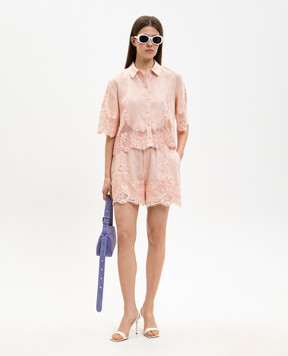 Twinset Розовая укороченная блуза из льна с кружевом 261TT2181