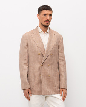 Brunello Cucinelli Коричневый двубортный пиджак из шерсти, шелка и льна MZ4077BBDG
