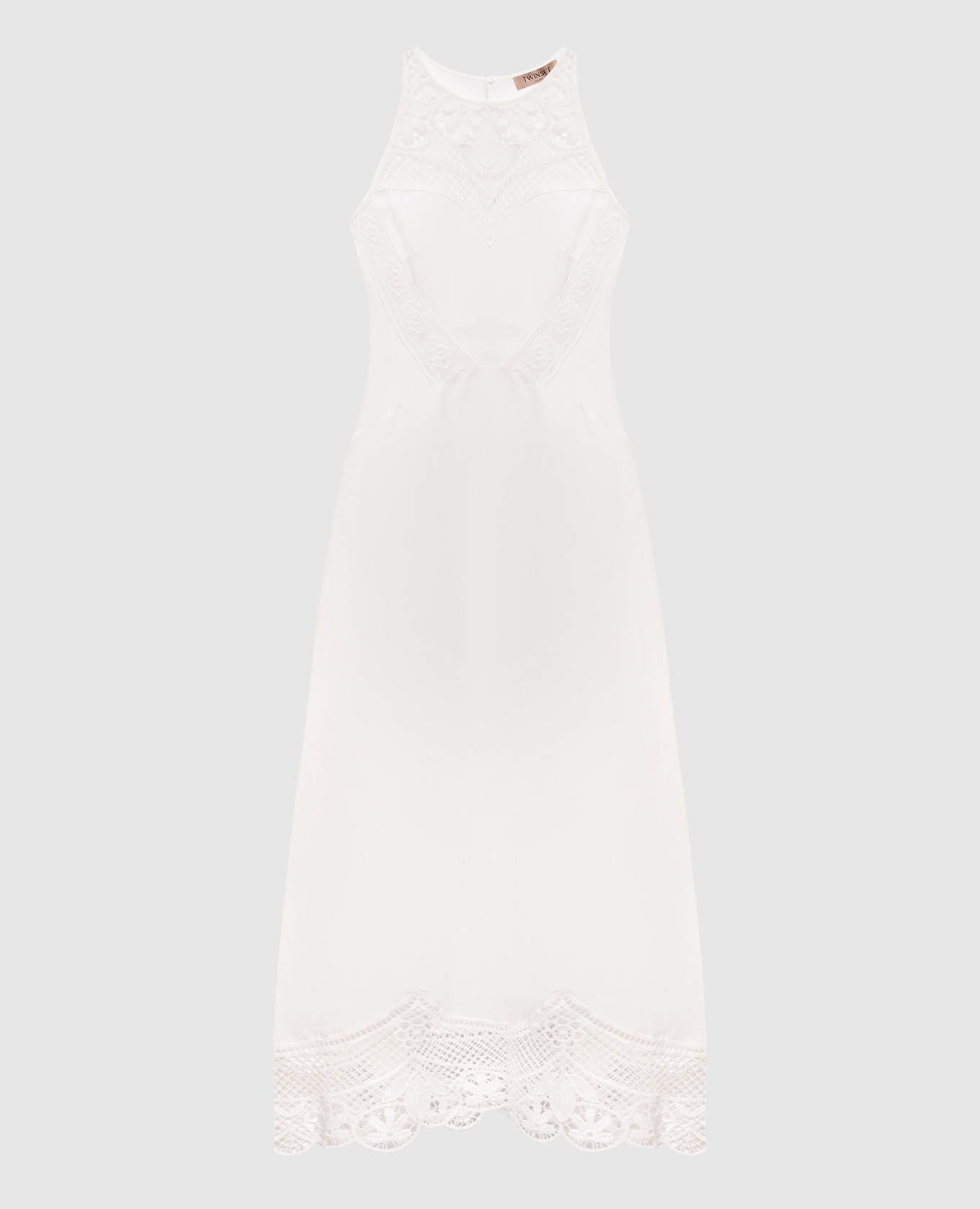 Белое платье миди с леном с ажурными вставками