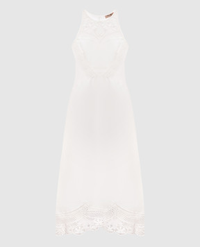 Twinset Белое платье миди с леном с ажурными вставками 261TT2241