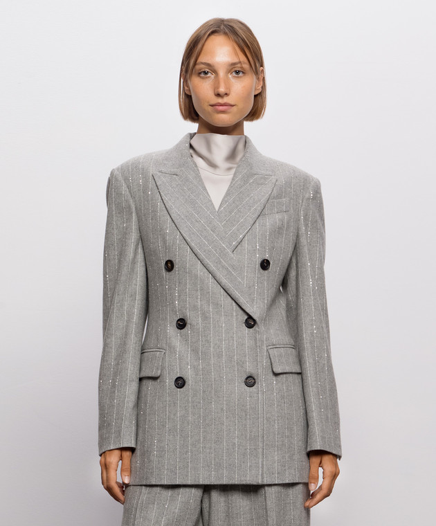 Brunello Cucinelli Серый двубортный жакет с шерстью в полоску MG5767306 изображение 3