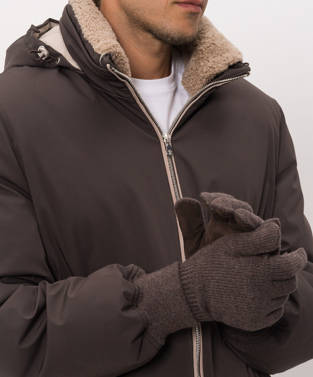 Brunello Cucinelli Коричневые комбинированные перчатки с перфорацией M2292118 изображение 2