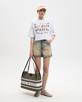 Balmain Біла укорочена футболка з принтом GF0EE145BD55