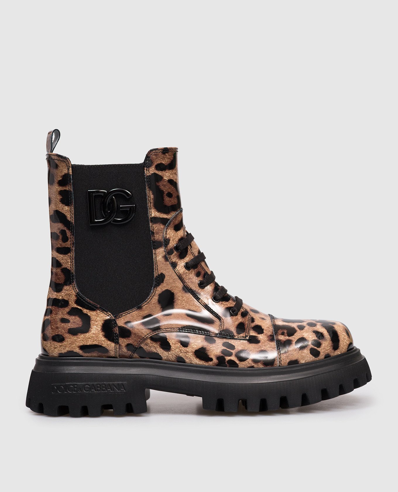 

Детские коричневые кожаные глянцевые ботинки в анималистичный принт, Коричневый, Ботинки