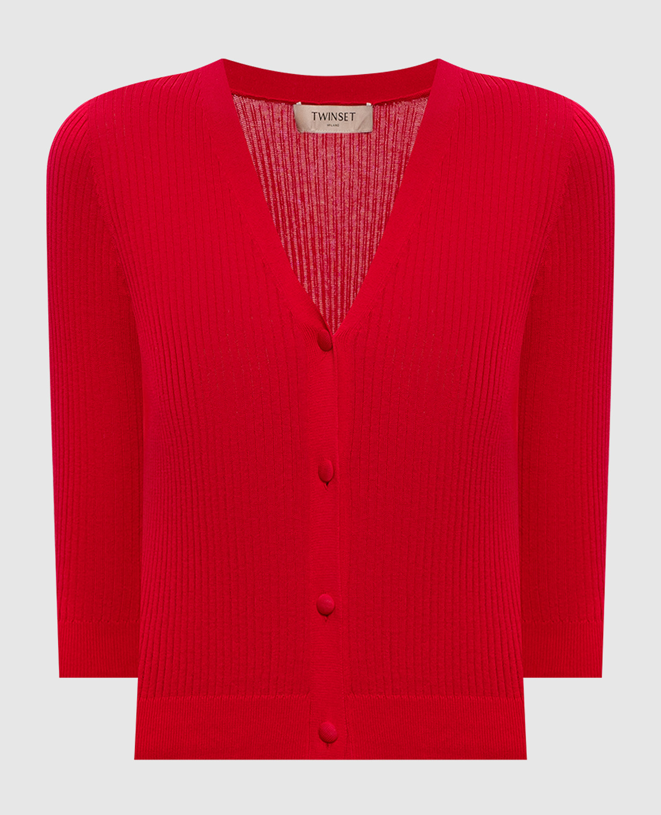 Красный укороченный кардиган в рубчике с шелком