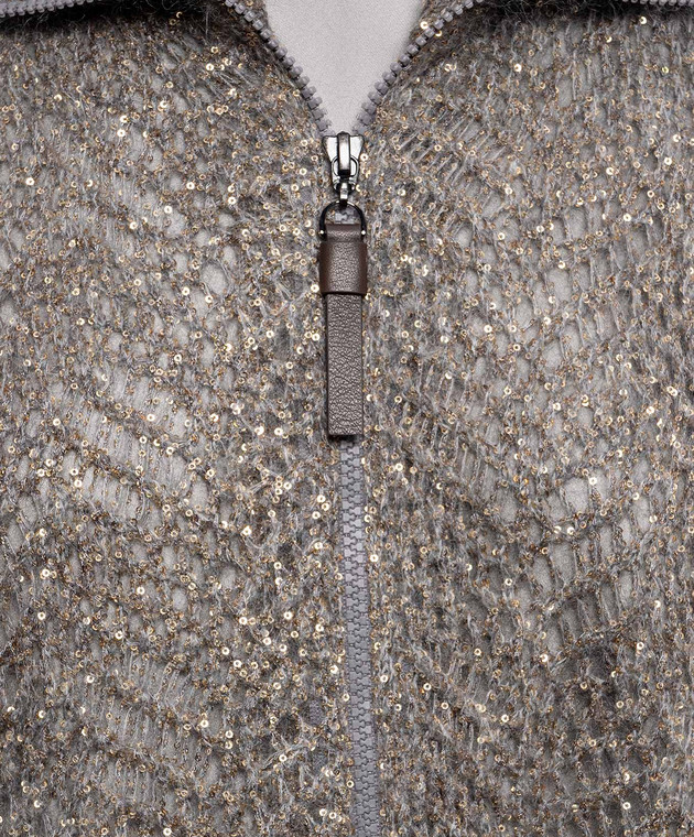 Brunello Cucinelli Серый ажурный кардиган с шерстью в пайетке MRG562516 изображение 5