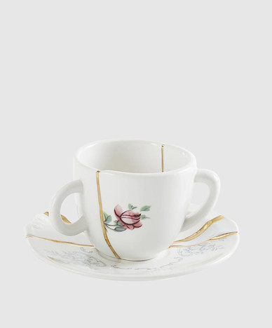Белая фарфоровая чашка для кофе с блюдцем Kintsugi