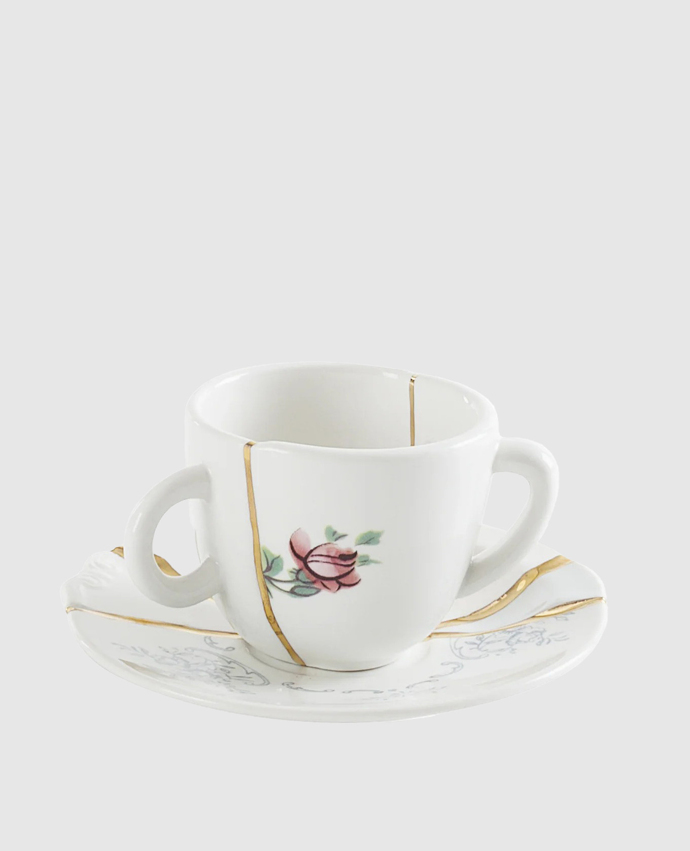 Белая фарфоровая чашка для кофе с блюдцем Kintsugi