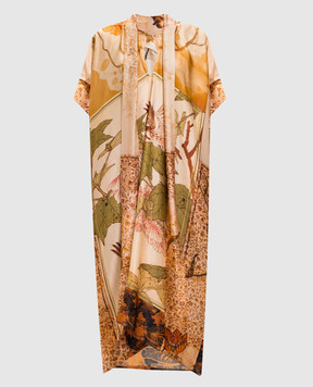 Masnada Бежевое платье в брендовый принт 8061