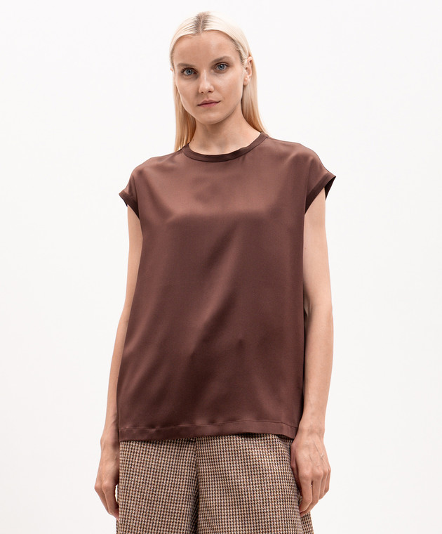 Brunello Cucinelli Коричневий топ із шовку з ланцюжком моніль MPC59EH500 зображення 3