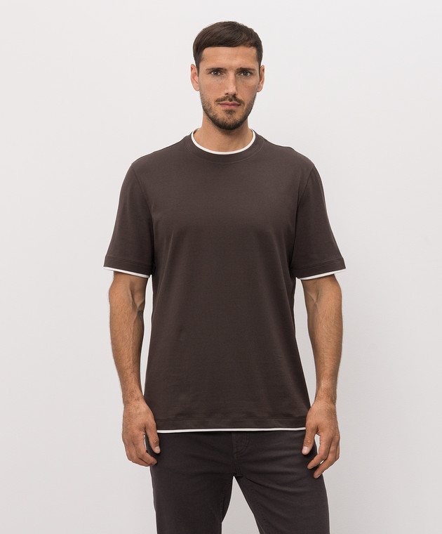Brunello Cucinelli Коричнева футболка з ефектом накладання шарів M0B137427 зображення 2