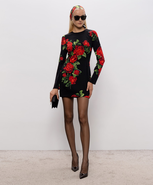 Dolce&Gabbana Чорна сукня міні з шовком в принт F623STFSA9R зображення 2