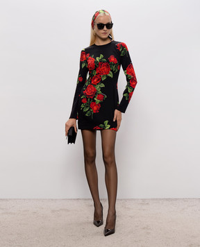 Dolce&Gabbana Черное платье мини с шелком в принт F623STFSA9R