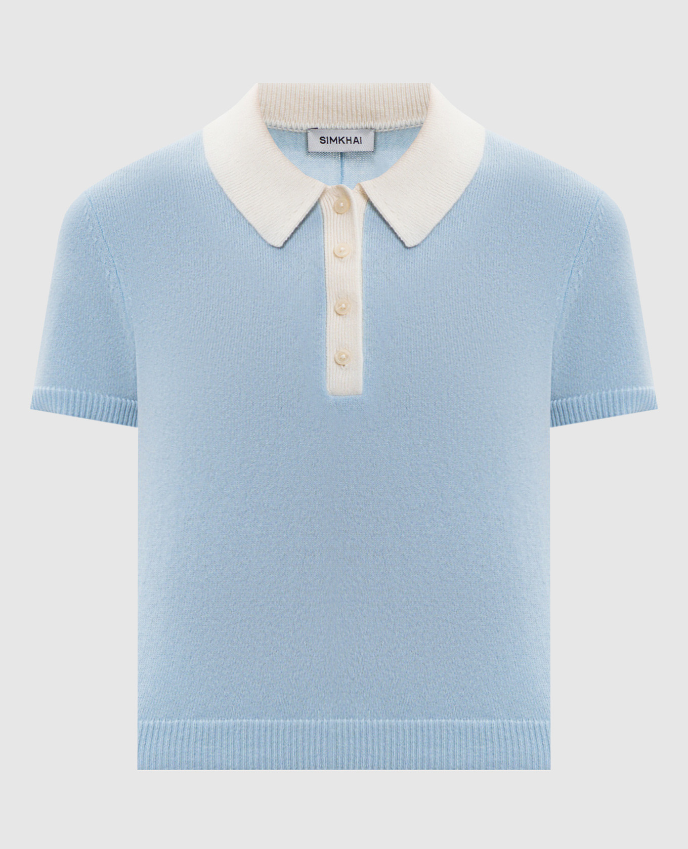 Голубой топ из кашемира с воротником-поло