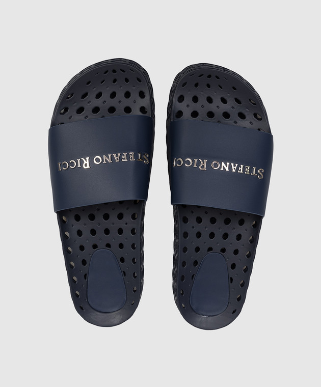 Stefano Ricci Синие кожаные слайдеры с фактурным логотипом UT50G777WY изображение 4
