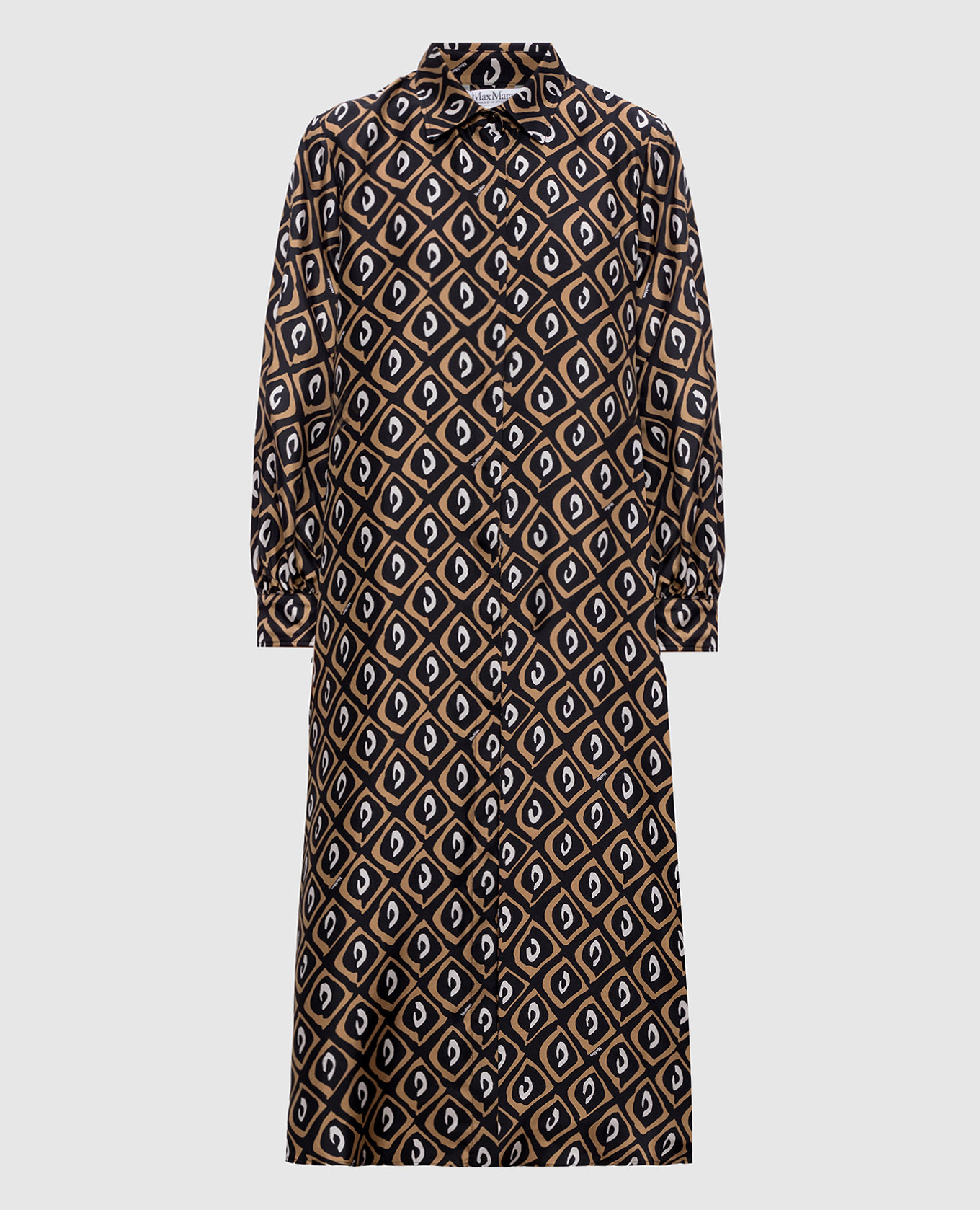 Черное платье-рубашка из шелка в принт с поясом