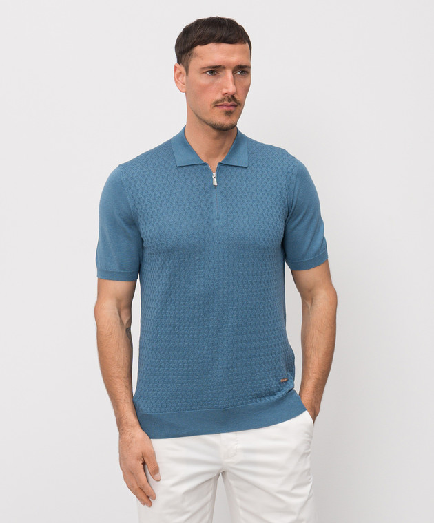 Enrico Mandelli Синее поло с шелком с геометрическим узором 3K034A5645 изображение 3