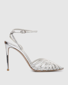Le Silla Серебристые кожаные босоножки EMBRACE с кристаллами 2310B100RCPPMRA