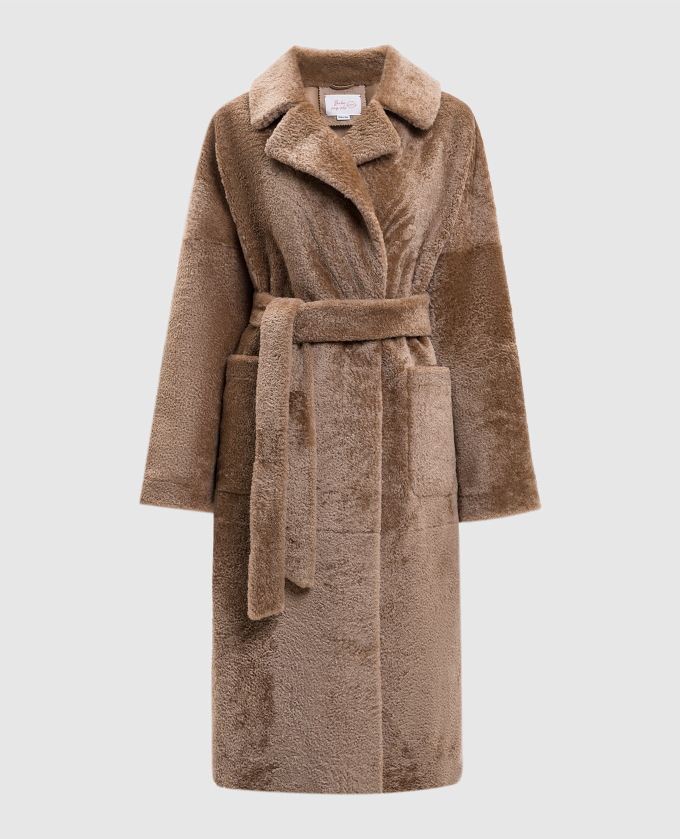 

Бежевая двубортная дубленка с поясом, Бежевый, Дубленки