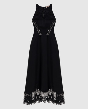 Twinset Чорна сукня міді з льоном з ажурними вставками 261TT2241