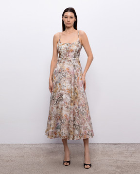 Nissa Бежевое платье миди из льна и шелка RC16502