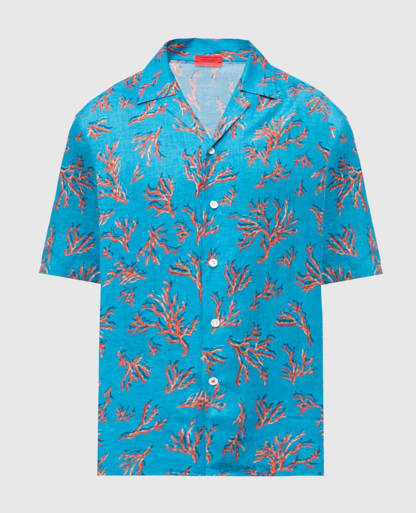 Голубая рубашка из льна в принт