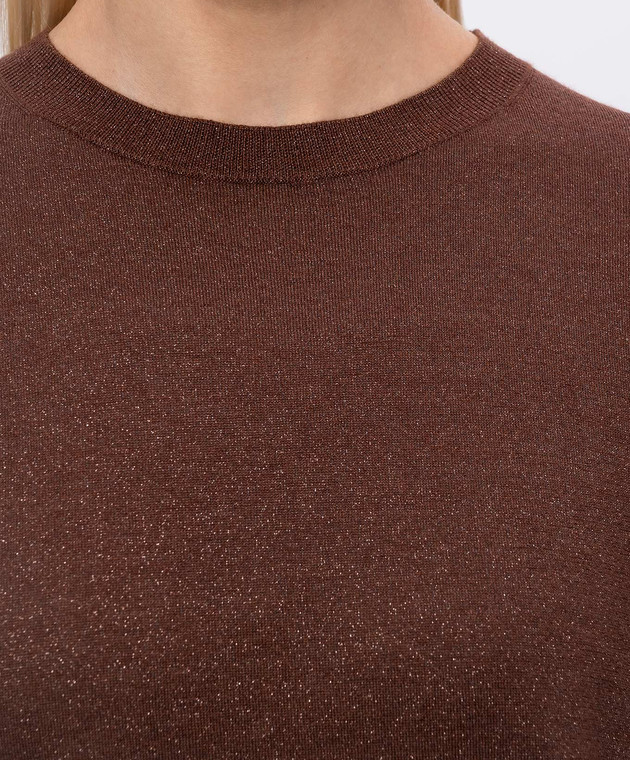 Brunello Cucinelli Коричнева футболка з кашеміром та шовком з люрексом M41835700P зображення 5