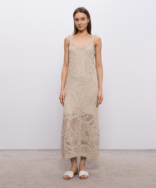 Brunello Cucinelli Бежева ажурна сукня з льоном з паєтками MDT771A92 зображення 3