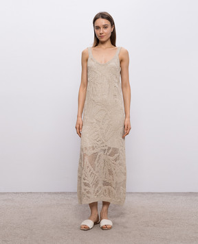 Brunello Cucinelli Бежева ажурна сукня з льоном з паєтками MDT771A92