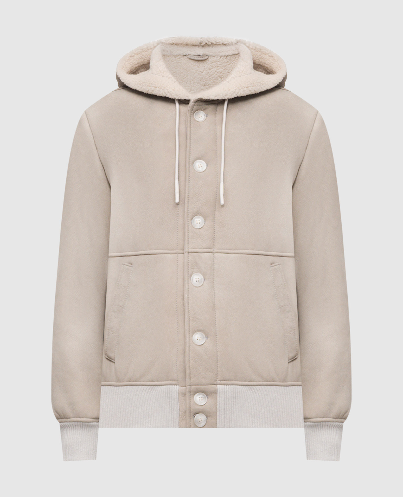 Бежевая укороченная дубленка с капюшоном