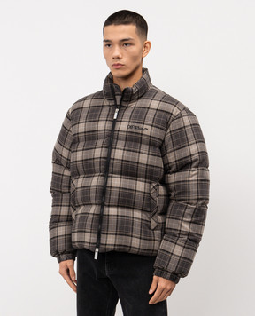 Off-White Сірий пуховик в клітинку з логотипом OMED065F25FAB001