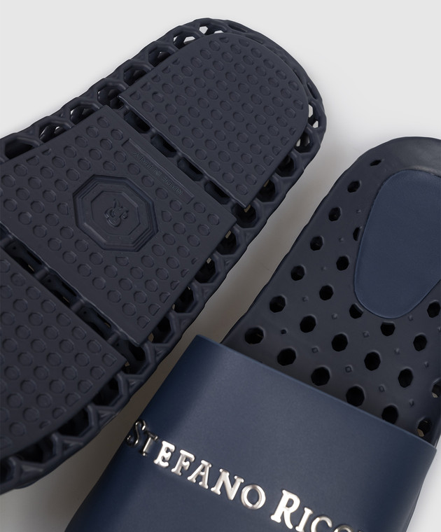 Stefano Ricci Синие кожаные слайдеры с фактурным логотипом UT50G777WY изображение 5