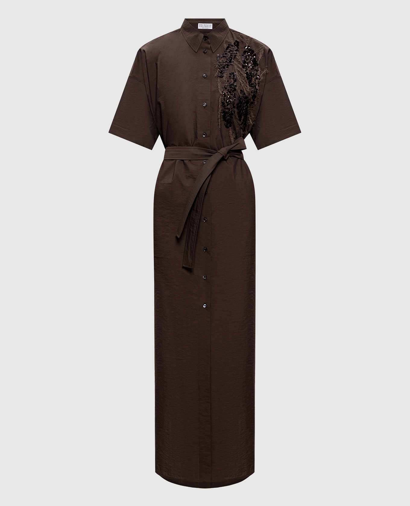

Коричневое платье-рубашка с вышивкой с пайетками, Коричневый, Повседневные платья