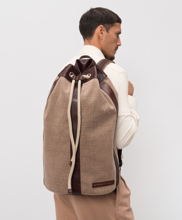 Brunello Cucinelli Коричневый рюкзак с леном с патчем логотипа MBACBU433P изображение 2