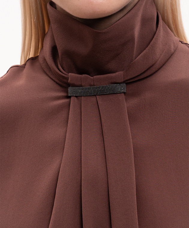 Brunello Cucinelli Коричнева блуза із шовку з ланцюжком моніль MP993B1G04 зображення 5