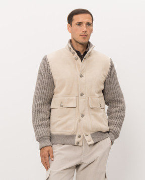 Brunello Cucinelli Бежевая комбинированная куртка с кашемиром MPMVS2060