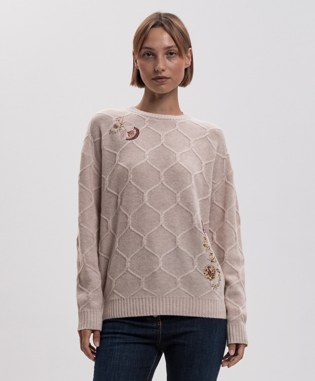 Twinset Бежевый свитер из шерсти с цветочной вышивкой 262AP3191 изображение 3