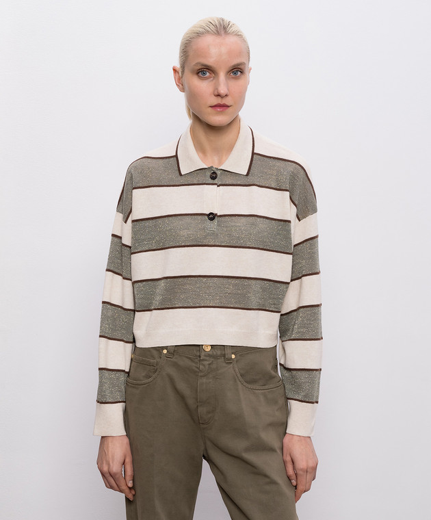 Brunello Cucinelli Поло з вовни, кашеміру та шовку в смужку M16221605 зображення 3