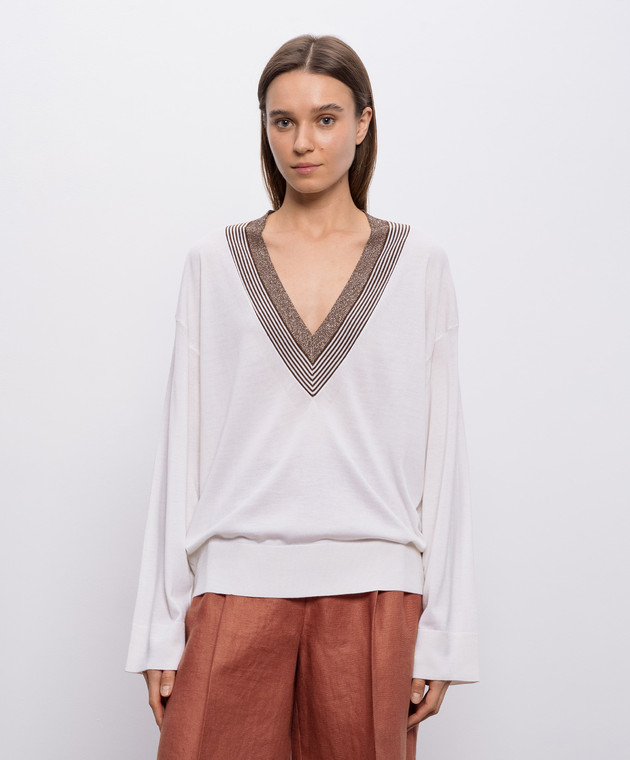 Brunello Cucinelli Пуловер кольору айворі з кашеміру та шовку з люрексом M13836702 зображення 3