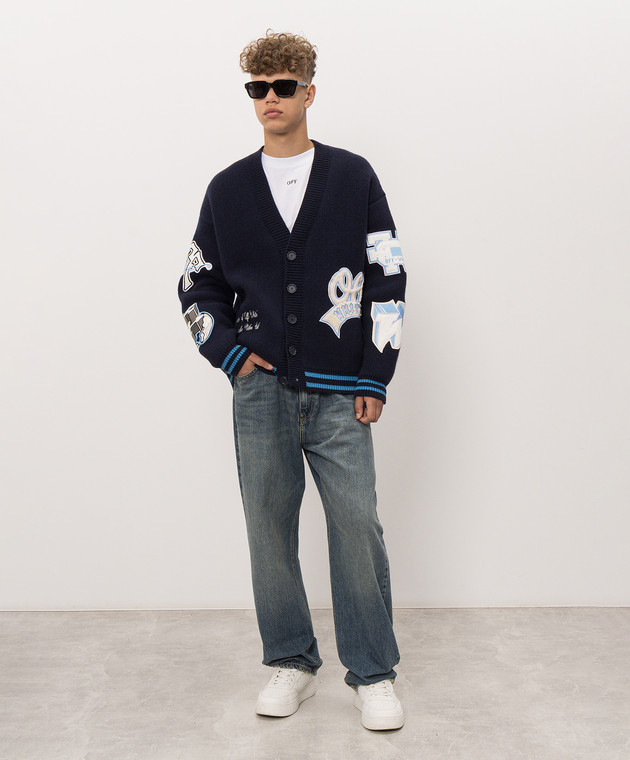 Off-White Синій кардиган з вовни з брендовими нашивками 44MHB019F26K002 зображення 2