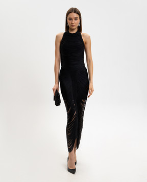 Herve Leger Черное платье Faye с бахромой 46FRI8549949