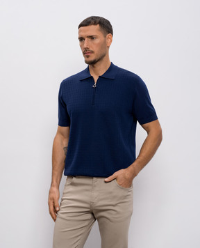 Stefano Ricci Синее поло из шерсти, кашемира и шелка в узор W505507P31W26150